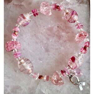 New Handmade Pink Beaded Breast Cancer Awareness Bracelet w/ Hope Charm - 7.5”